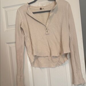 Free People Beige Waffle Knit Long Sleeve Henley